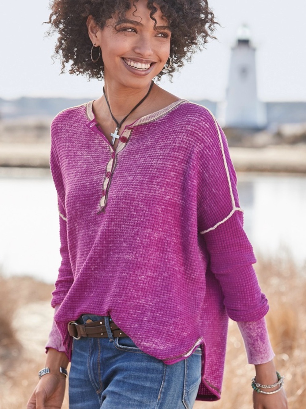 Sundance Gentry Waffle Knit Henley Thermal Top Size Small Mineral Washed Magenta - Picture 1 of 6